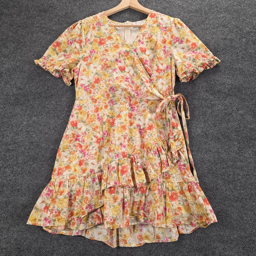 Hayden Los‎ Angeles Dress Womens Medium Yellow Floral Wrap Ruffle Short Sleeve